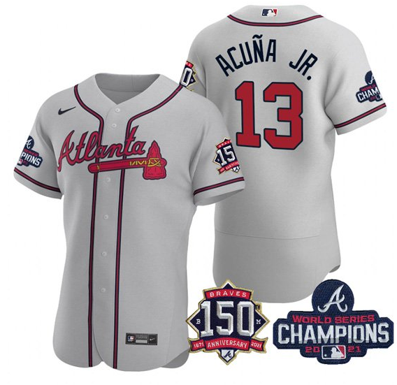 Men's Atlanta Braves #13 Ronald Acuña Jr. 2021 Grey World Series Champions With 150th Anniversary Flex Base Stitched Jersey
